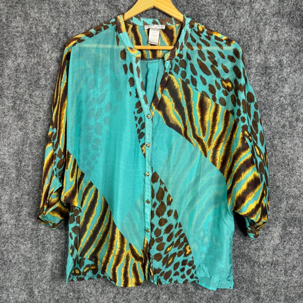 Alberto‎ Makali Blouse Women M Teal Silk Animal Print VNeck Sheer Going Out Chic